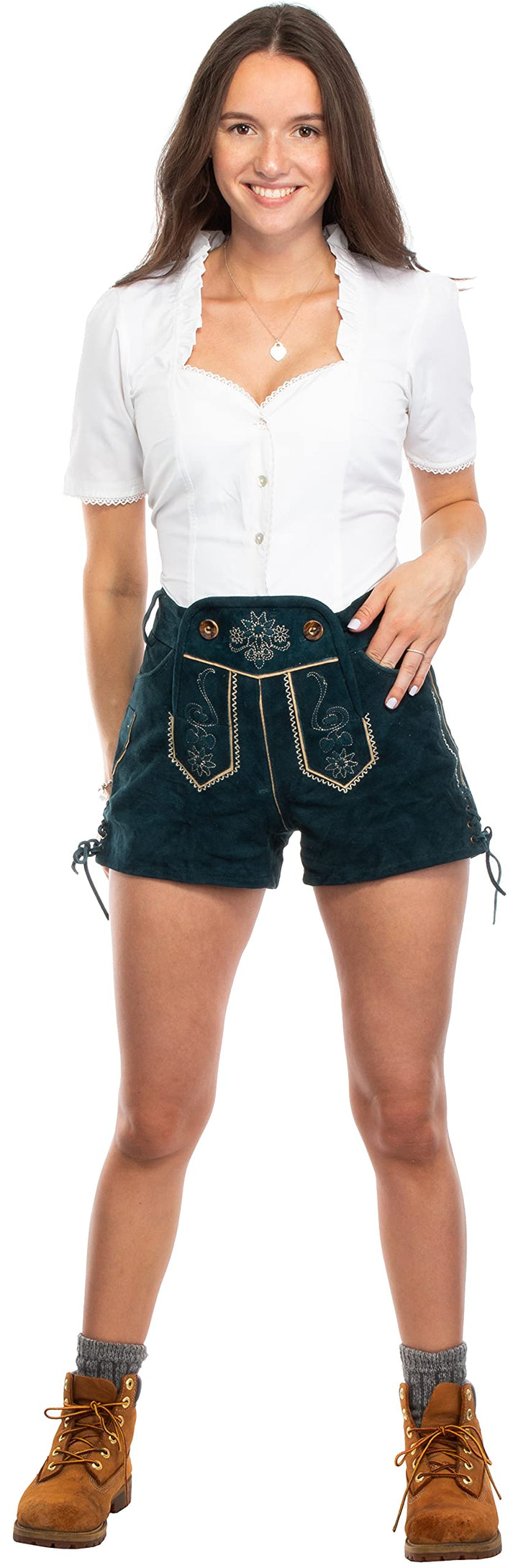 Brandsseller Trachten Lederhose Damen Kurz Hellbraun Türkis – Gr. 36 38 40 42 44 –Oktoberfest 40 Tür