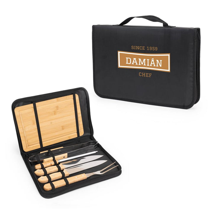 Wanapix | Personalisiertes BBQ-Set | Enthält 6 Ubehörteile (2 Messer, Schärfer, Tranchiermesser,Zang