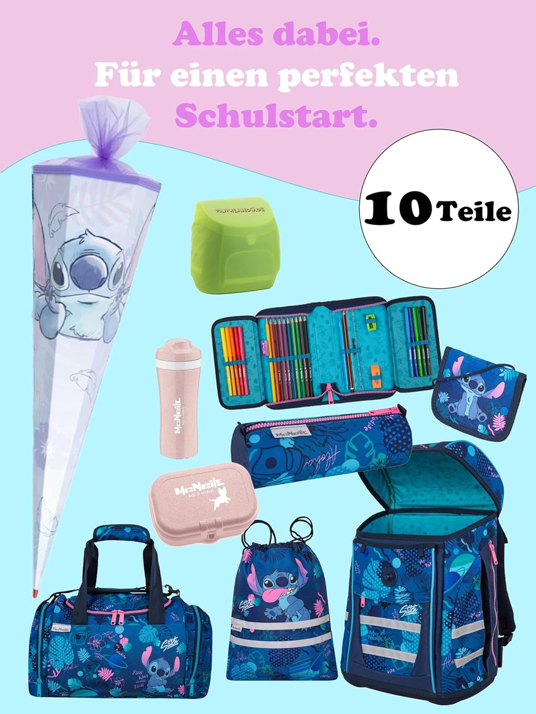 Familando - McNeill Teneris Schulranzen Set - 10-teilig mit Schultüte - Stitch - Ergonomisch & Verst