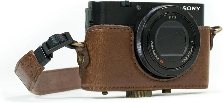 MegaGear Leder Kameratasche für Sony Cyber-shot DSC-WX500 Kompakte Systemkamera Dunkelbraun, Dunkelb