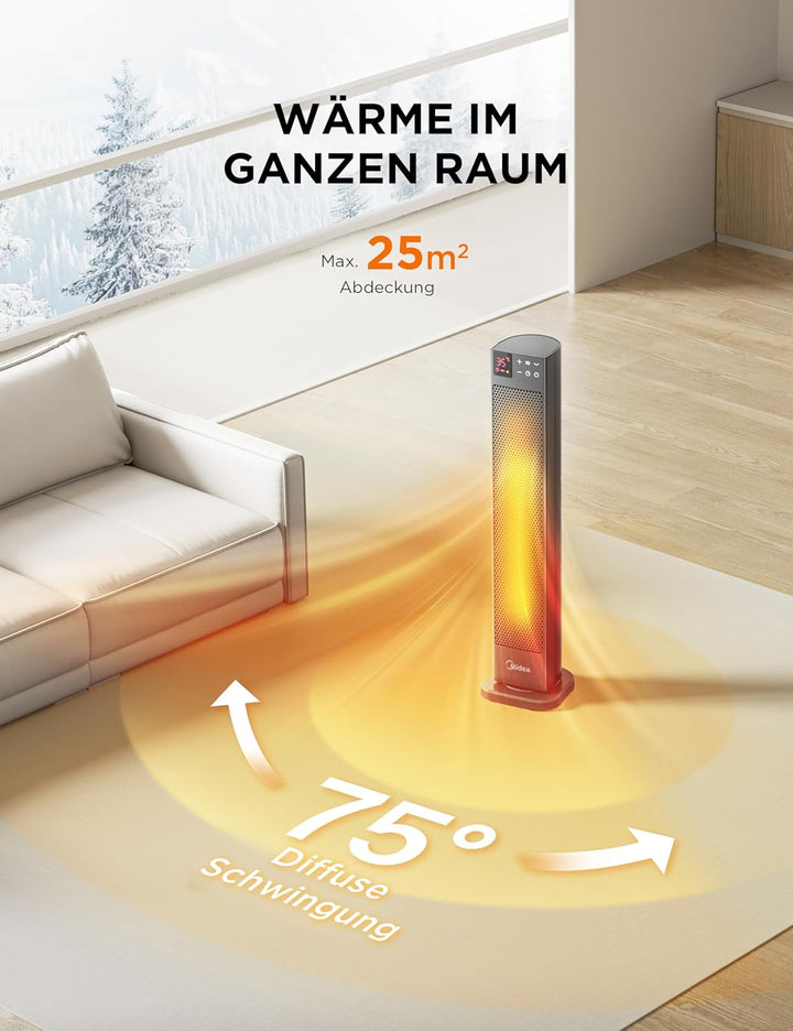 Midea Elektroheizung Keramik 2000W mit Thermostat, 3 Modi 24h-Timer, Überhitzungs- & Kippschutz, Sof