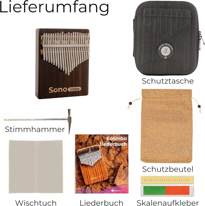 Kalimba "Sonolimba" mit 21 Schlüsseln in C - Dur aus Rosenholz - Daumenklavier inkl. Set mit Liederb
