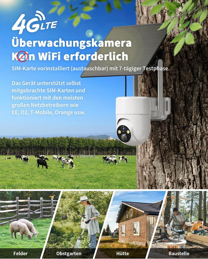 SEHMUA 3G/4G LTE Überwachungskamera Aussen mit SIM Karte, Solar IP Kamera ohne WLAN mit präziser Per