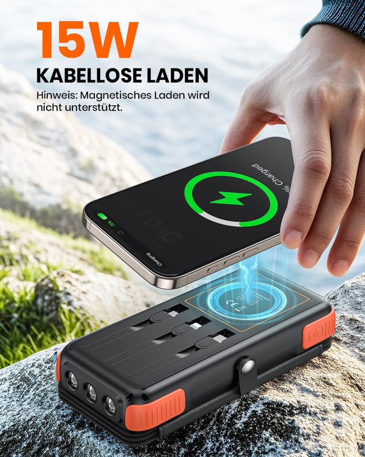 A ADDTOP Solar PowerBank Wireless - 16000mAh Power Bank mit 3 Integrierten Kabelns - 20W Schnelllade