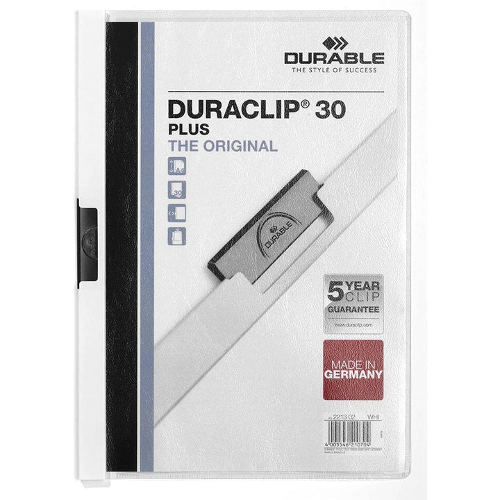 Durable Klemm-Mappe Duraclip 30 Plus, Hartfolie, bis 30 Blatt A4, weiss, 25er Packung, 221302