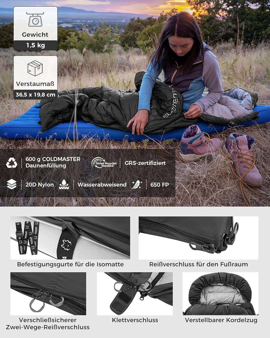 ATEPA Ultraleichter Daunenschlafsack 650/700FP, 3-Jahreszeiten (12°C / 6°C / -1°C), Leicht & Kompakt