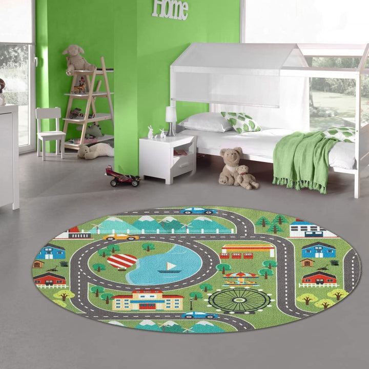 Teppich-Traum Kinder Spielteppich mit Stadtlandschaft auf Wiese in grün Grösse 200 cm Rund 200 cm (R