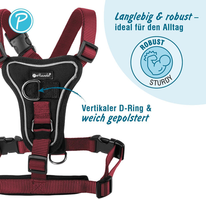 Petlando Hundegeschirr Anti Zug, Basic Comfort Plus, Bordeaux, M | Vertikaler Brust-D-Ring, Ohne Übe