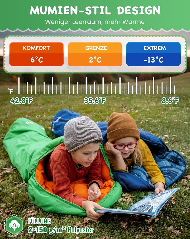 KingCamp Schlafsack Kinder aus Baumwoll-Flannel, warm und Bequeme Kinderschlafsack für 6-10 Jahre (b