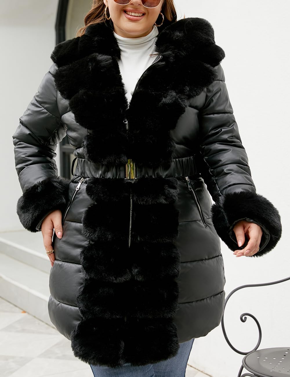 Geschallino Damen Grosse Grössen Gesteppt Leicht Winter Lang Steppmantel mit Kapuze (XL-5XL) XL Schw
