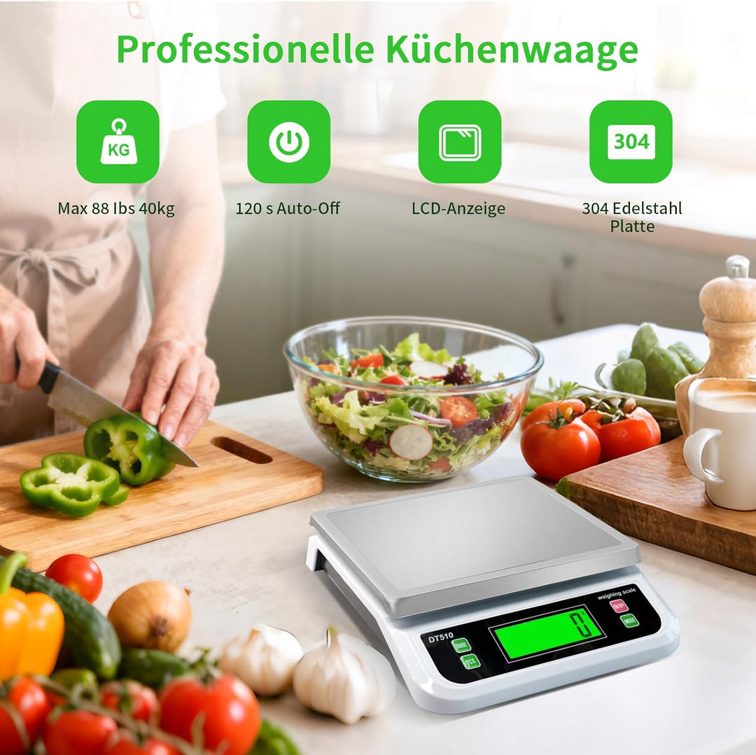 Grosser Edelstahl Küchenwaage 40kg/1g Digitalwaage mit 6 Masseinheiten und LCD Display Küchenwaage m