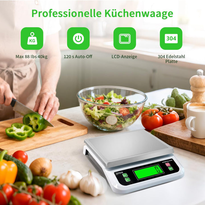 Grosser Edelstahl Küchenwaage 40kg/1g Digitalwaage mit 6 Masseinheiten und LCD Display Küchenwaage m