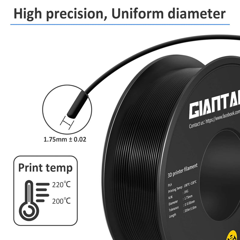 PLA Filament 1.75mm, GIANTARM 3D Drucker Filament PLA Schwarz 1kg Spool A-schwarz, A-schwarz