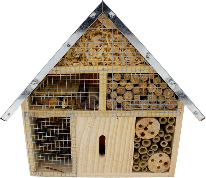 mucHome Insektenhotel Höhe 28cm aus Naturholz mit Metalldach, wetterfest, Nisthilfe für Bienen, Wild