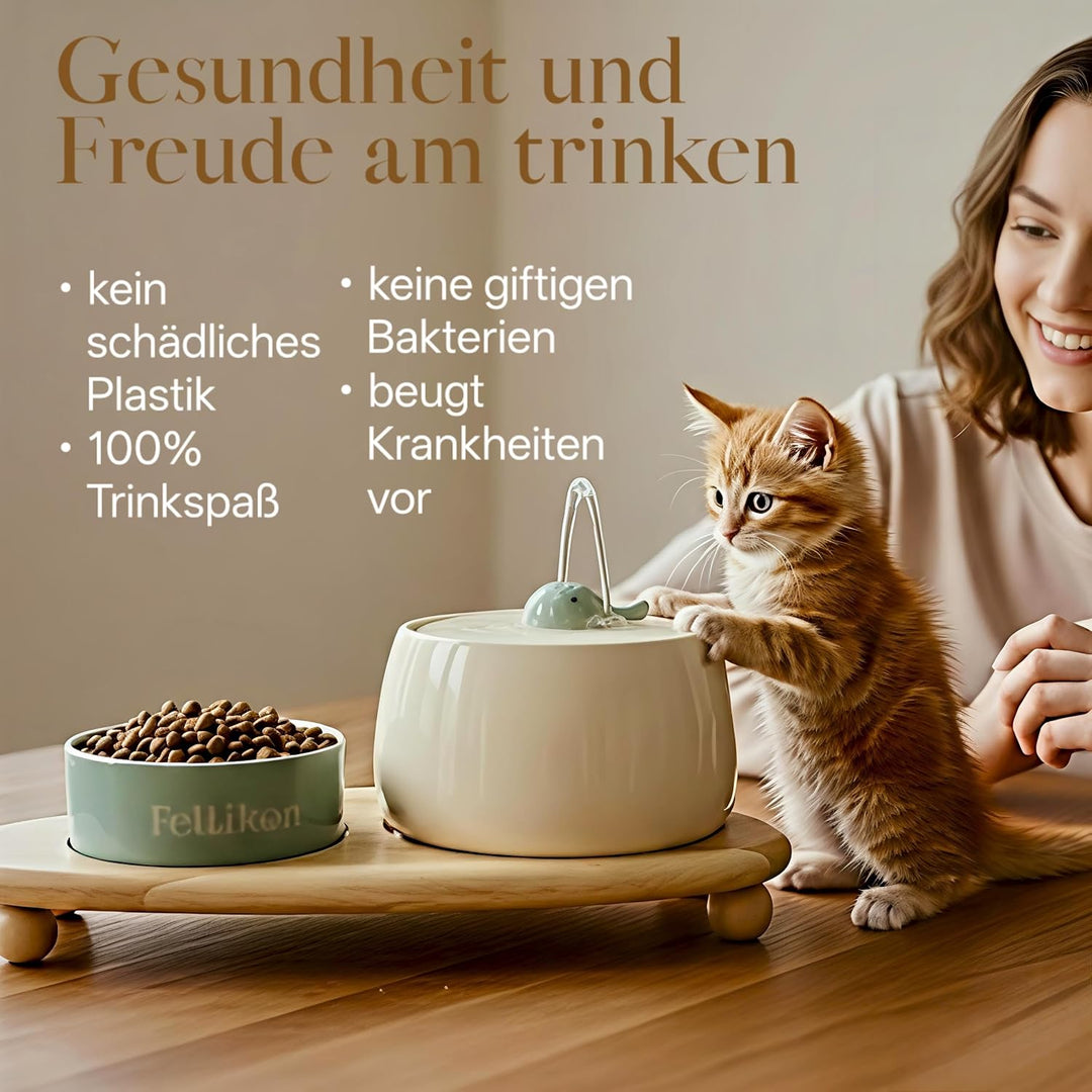 Katzenbrunnen Keramik Set mit Futternapf & 3-Fach Wasserfiltersystem – 1,3L Wasserspender mit Modern