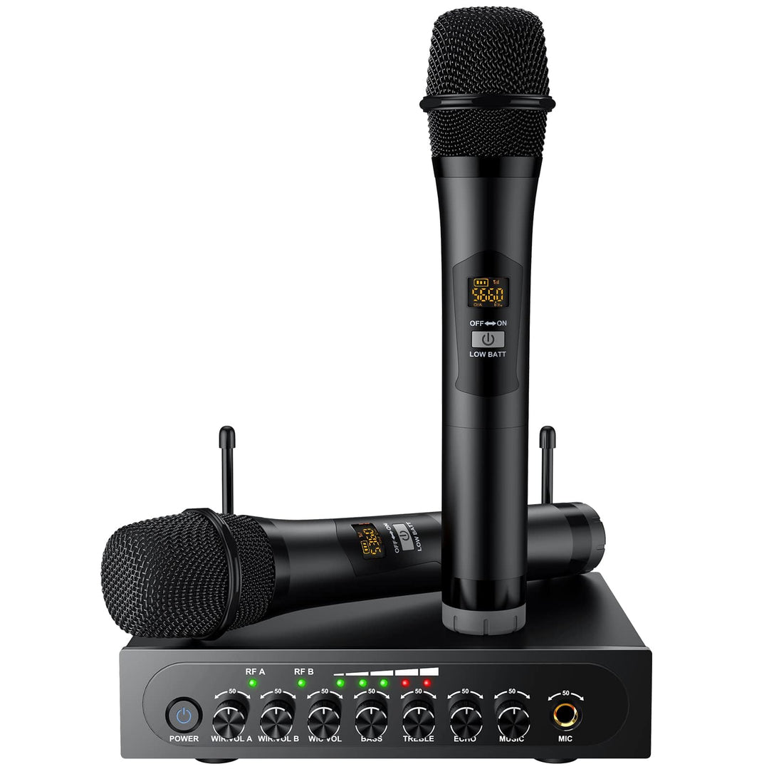 PROZOR UHF Funkmikrofon Set 2X Drahtlos Dynamisch Mikrofone + 2-Kanal UHF Empfänger Festfrequenz Blu