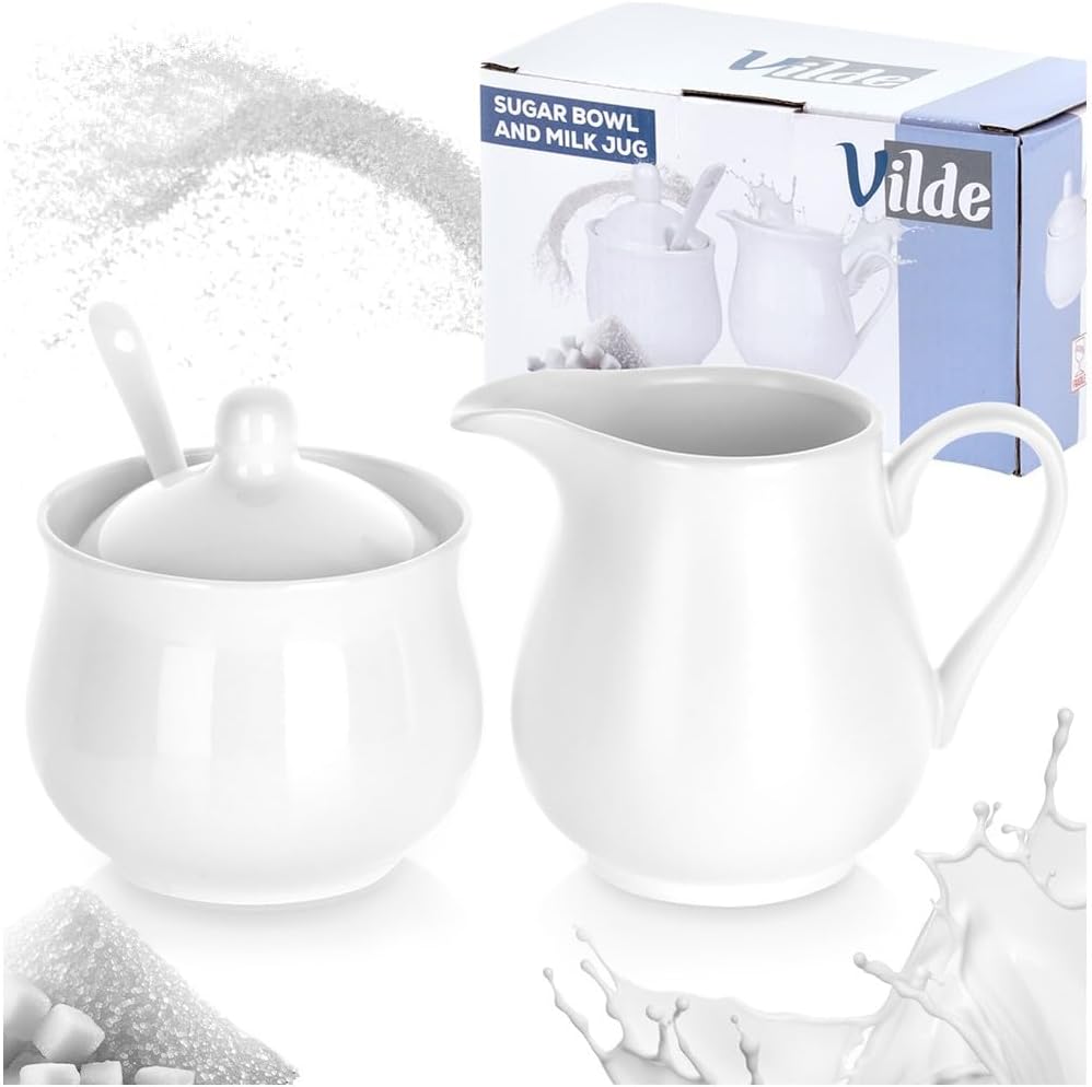 Vilde Milchkännchen und Zuckerdose Set aus Porzellan 2-teilig mit Deckel Löffel Weiss - Modern Kaffe