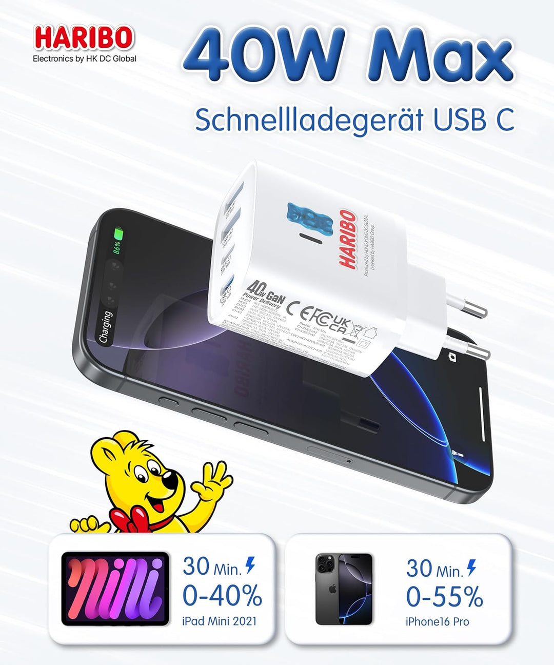 HARIBO 2er USB C Ladegerät 4-Port 40W Schnellladegerät,PD 3.0 Mehrfach Netzteil für iPhone 16/15/14