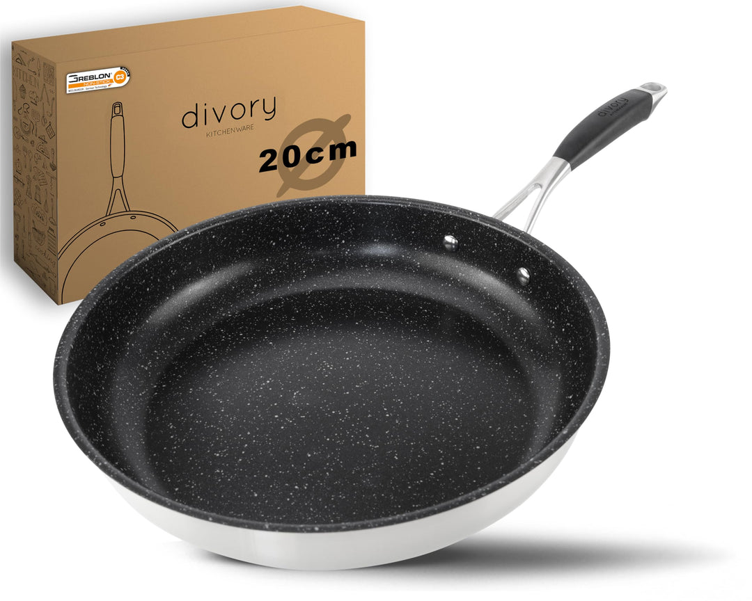 DIVORY Edelstahl Pfanne 20 cm Induktion I Antihaft beschichtete kleine Bratpfanne für alle Herdarten