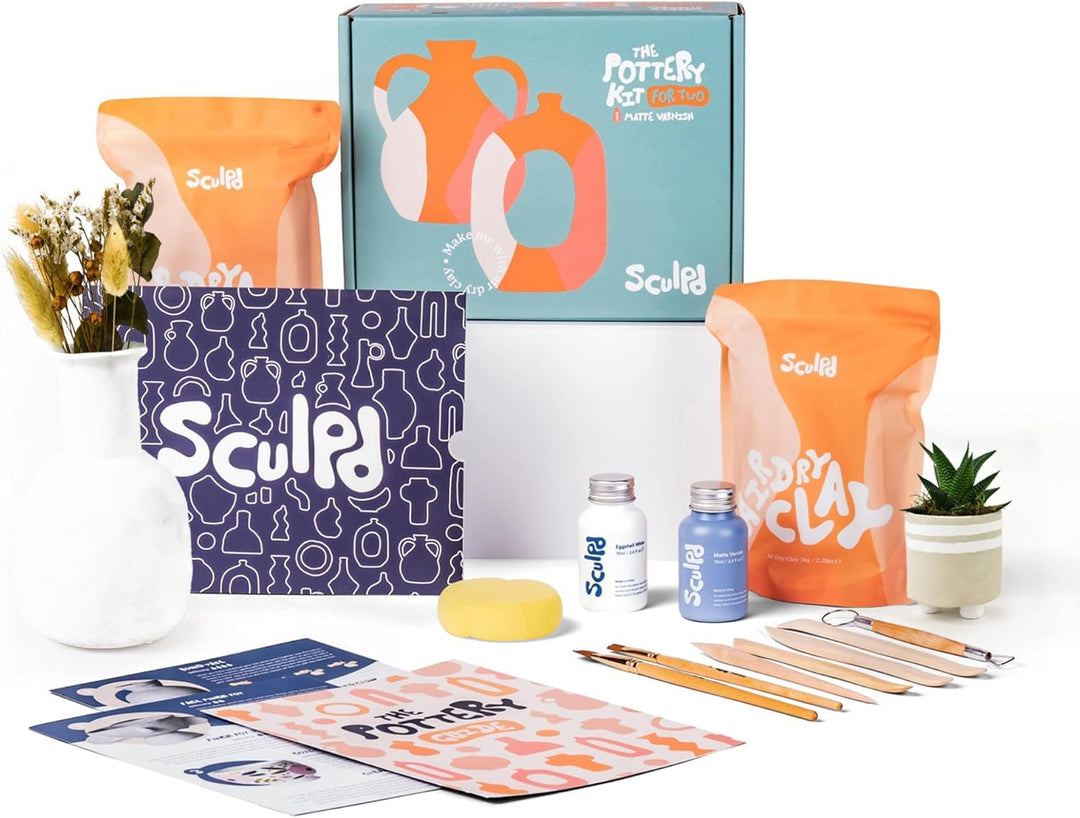 Sculpd Pottery Starter Kit – Komplettes lufttrockenes Ton-Einsteigerset für 2 Erwachsene: Enthält Bi