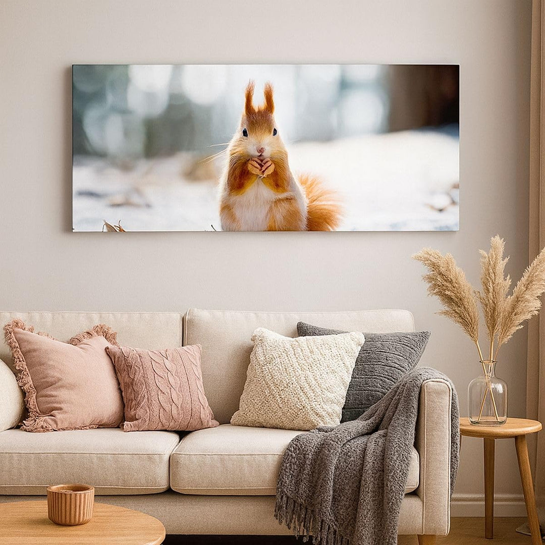Panorama Bilder auf Leinwand 100x40cm Leinwandbild Eichhörnchen Winter Schnee Essen Gross Wanddeko B