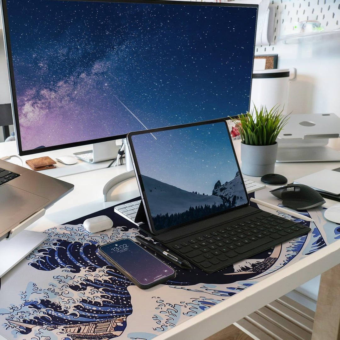 Mousepad,XXL Japanische Kunst Ukiyo-e-Motiv Mauspad,Mount Fuji und Ozeanwellen Dekorative Tischunter