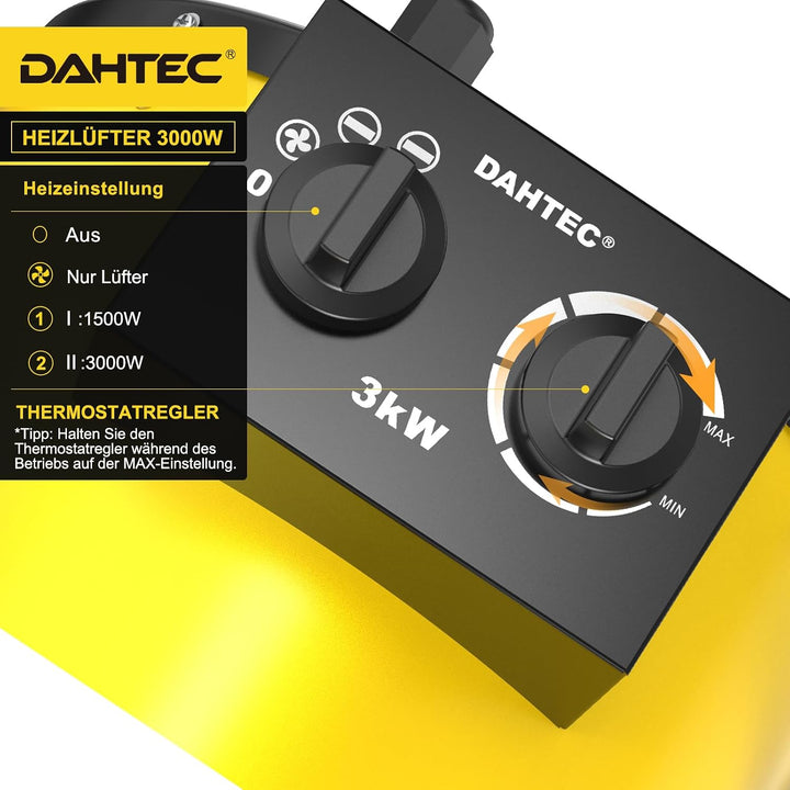 DAHTEC Industrie Heizgerät 3000 Watt Heizlüfter Grosse Räume mit Thermostat & 3 Heizstufen Bauheizer
