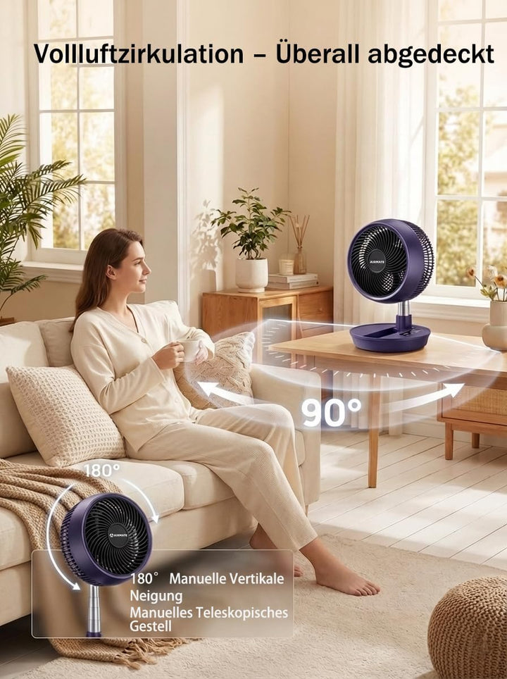 AIRMATE 63cm Ventilator mit Fernbedienung, Faltbarer Standventilator sehr leise, 90°+180° Oszillatio