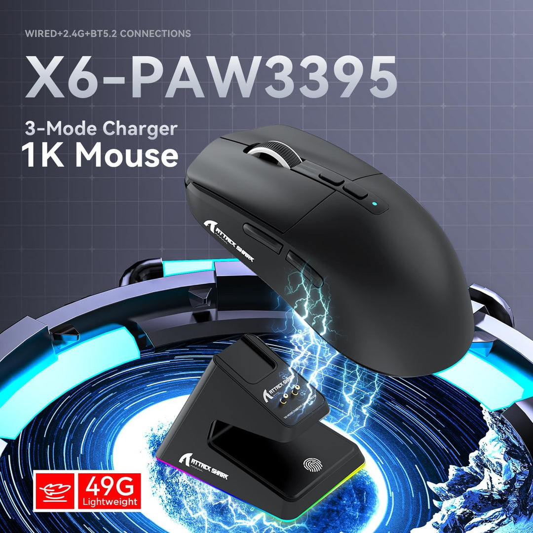 ATTACK SHARK X6 49g SUPERLIGHT Maus mit magnetischer Ladestation, PixArt PAW3395 Gaming-Sensor, BT/2