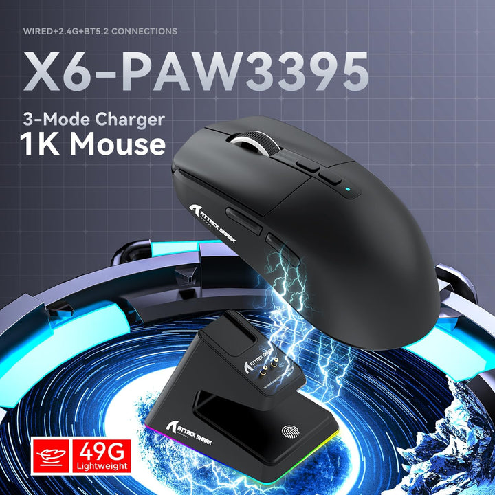 ATTACK SHARK X6 49g SUPERLIGHT Maus mit magnetischer Ladestation, PixArt PAW3395 Gaming-Sensor, BT/2