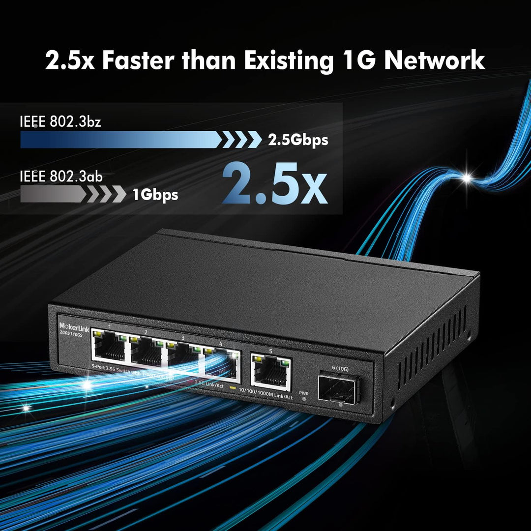 MokerLink 5 Port 2.5G Ethernet Switch mit 10G SFP, 5 x 2.5G Base-T Ports kompatibel mit 10/100/1000M