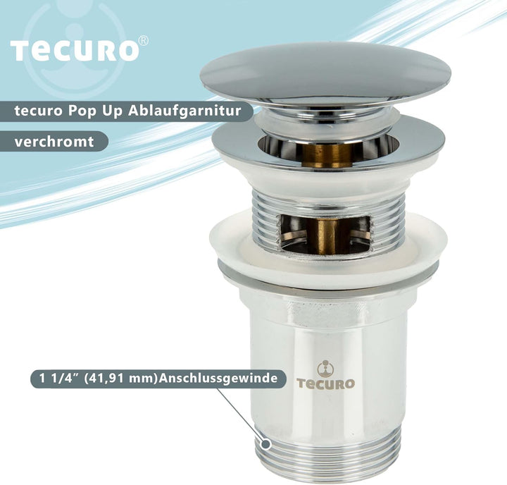 tecuro Pop-Up Ablaufgarnitur 1 1/4 Zoll Anschluss für Waschbecken und Waschtische, Universalgrösse f