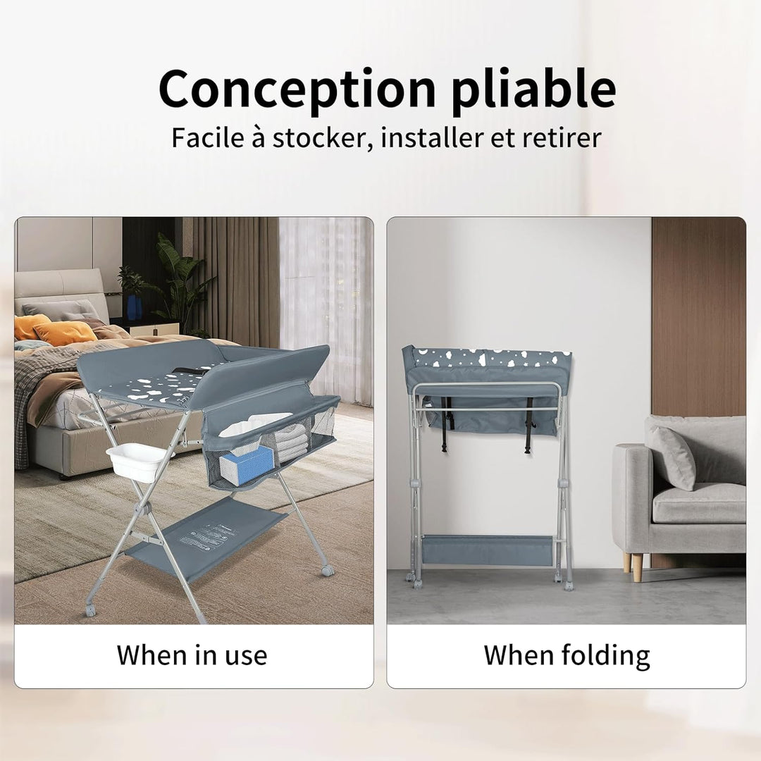 OHMG Baby Wickelkombi Klappbare Wickelkommode,Wickeltisch mit Rollen,Mobiler Wickeltisch mit Wickela