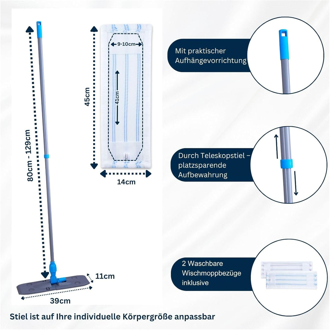 Wischmopp Bodenreiniger Bodenwischer +2 Bezüge Mikrofaser Mopp + Teleskopstiel Bodenwischer mit 2 Be