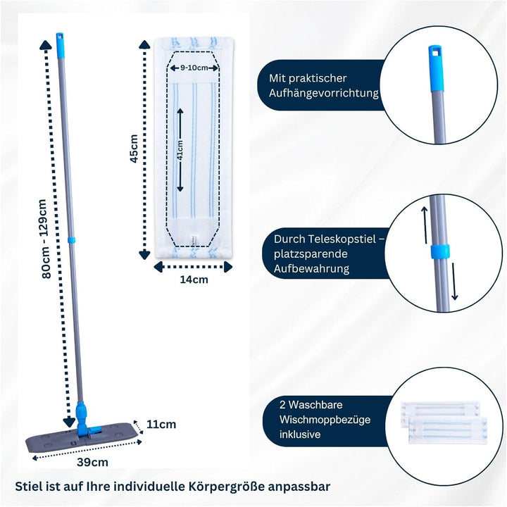 Wischmopp Bodenreiniger Bodenwischer +2 Bezüge Mikrofaser Mopp + Teleskopstiel Bodenwischer mit 2 Be