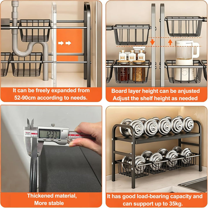 devesanter 2-stöckig Unter-Spülschrank Organizer,verstellbar 52–90 cm,4 herausnehmbare Körbe & 4 abn