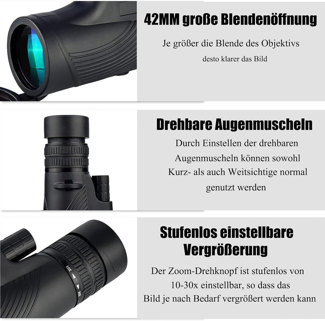 DOCANIO Monokular 10-30x Zoom Monokulares mit BAK4 Prisma FMC Fernrohr Erwachsene mit Halter und Sta