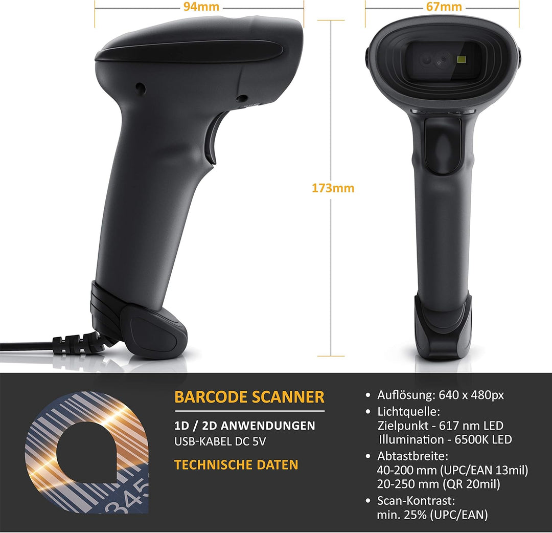 CSL - QR Barcode Scanner 2D - USB Laser Barcodescanner kabelgebunden - Single und Multi Scan - Bilds