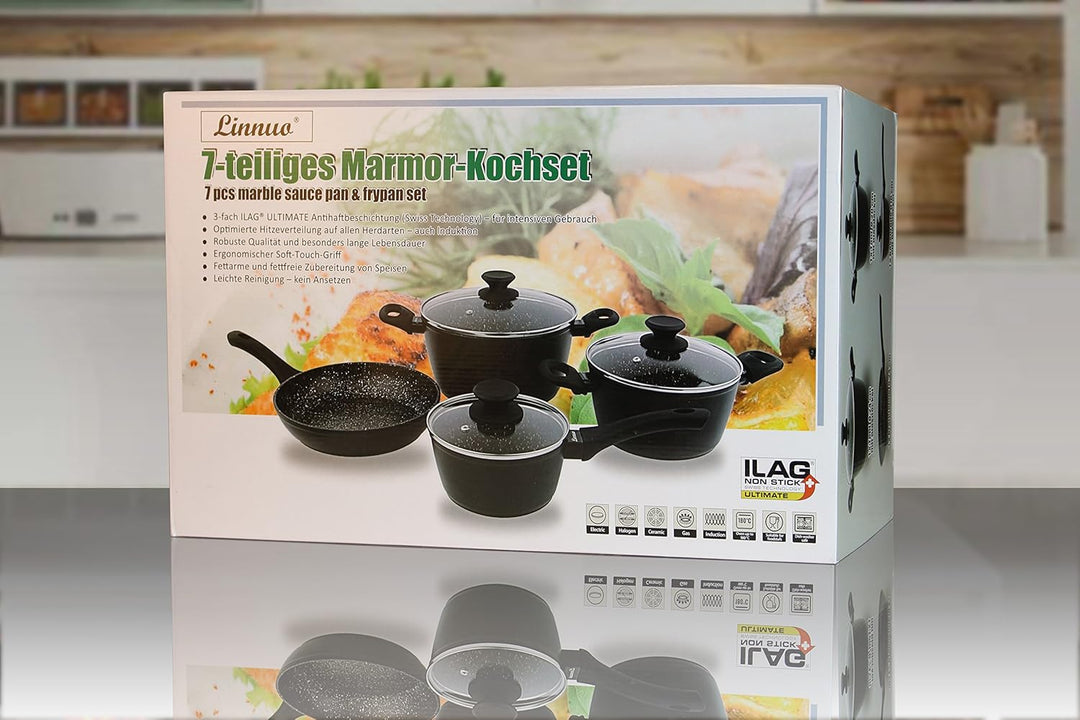 Linnuo Topfset Topf Pfannenset 7tlg - 3 Töpfe mit Glasdeckel & 1 Pfanne - Alu Kochtopf Set Marmor Ke