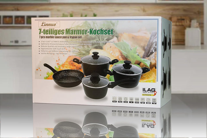 Linnuo Topfset Topf Pfannenset 7tlg - 3 Töpfe mit Glasdeckel & 1 Pfanne - Alu Kochtopf Set Marmor Ke