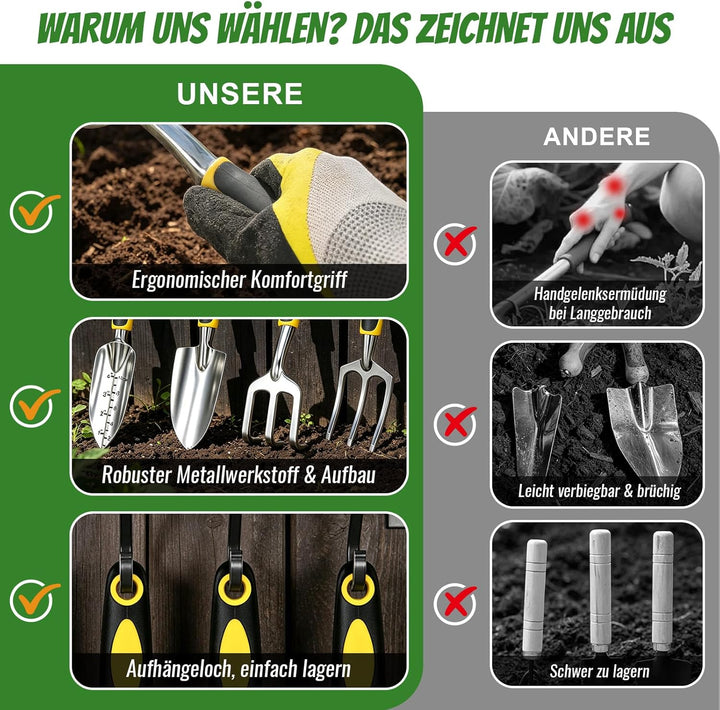 QRD Gartengeräte Set 8 in 1 Gartenwerkzeug mit Aufbewahrungstasche Gartenschaufel mit Gummigriff Gar