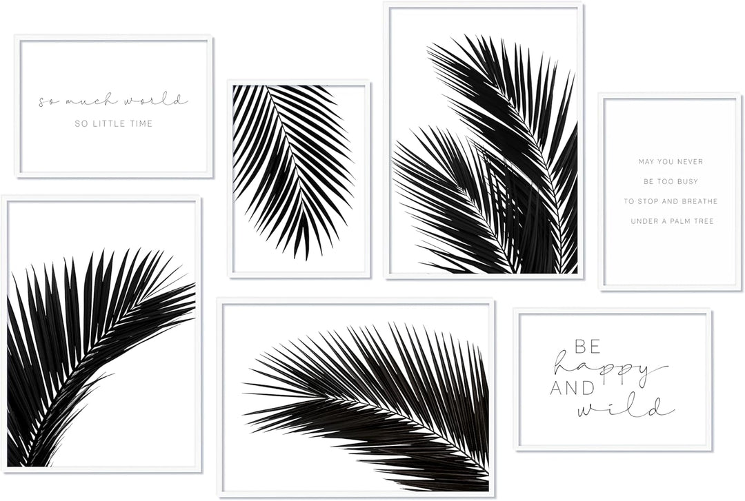 Hyggelig Home Premium Poster Set - 7 harmonische Bilder Palme schwarz weiss - Set Palmenblatt- mit R