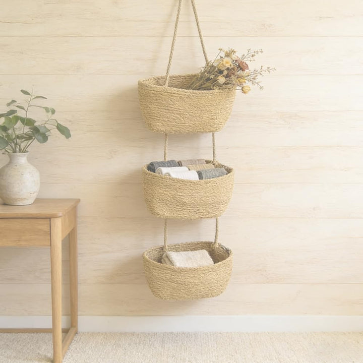 3-stöckiger Hängekorb aus Baumwollseil – Wand- & Türorganizer mit Türhaken & Klebehaken, Boho Aufbew
