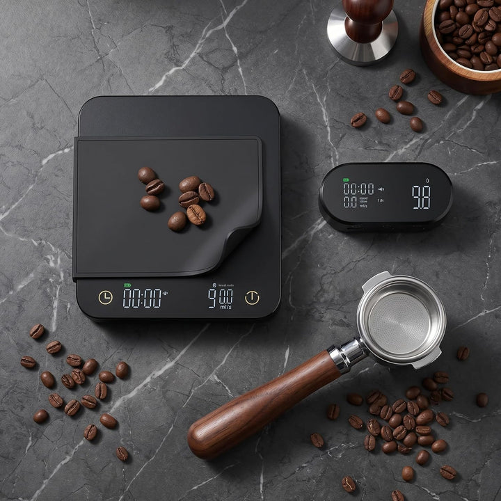 Premium Kaffeewaage mit Funk-Display &amp; Timer – Espresso Waage 0,1g / 3kg mit Flussraten-Anzeige, 5 M