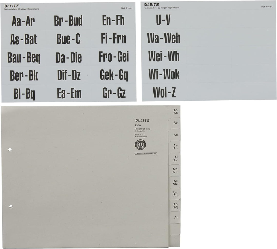 Leitz Register, Trennblätter mit Taben und alphabetischem Aufdruck A-Z für 50 Ordner, Halbe Höhe und