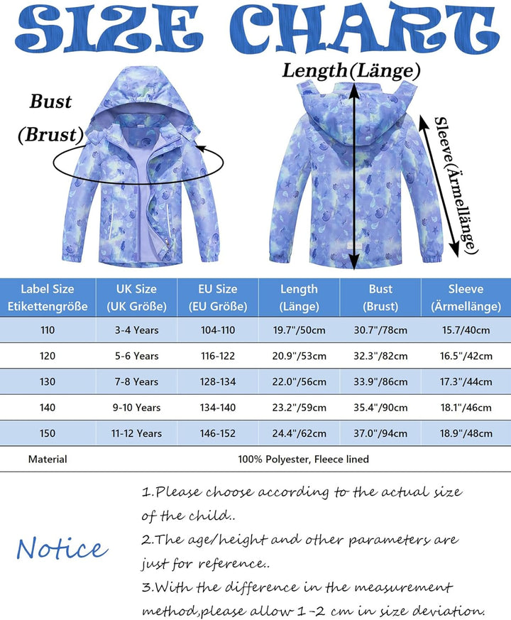 SERENYOU Mädchen Übergangsjacke Gefütterte Regenjacke mit Abtrennbare Kapuze 110 Stil 2, 110 Stil 2