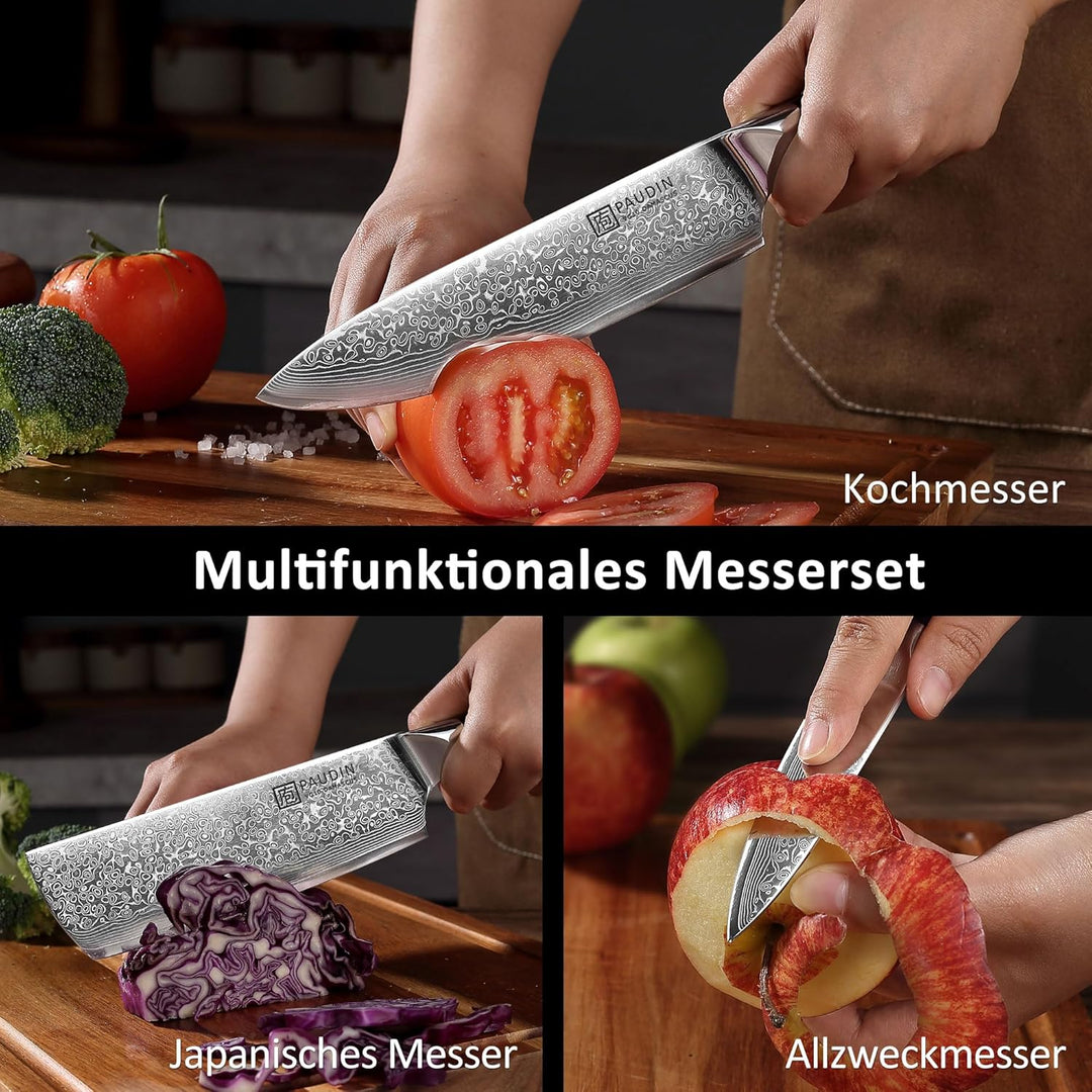 PAUDIN 3-tlg Küchenmesser Set, Damastmesser Set aus 67 Schichten VG10 Damaststahl mit G10 Griff – Ch