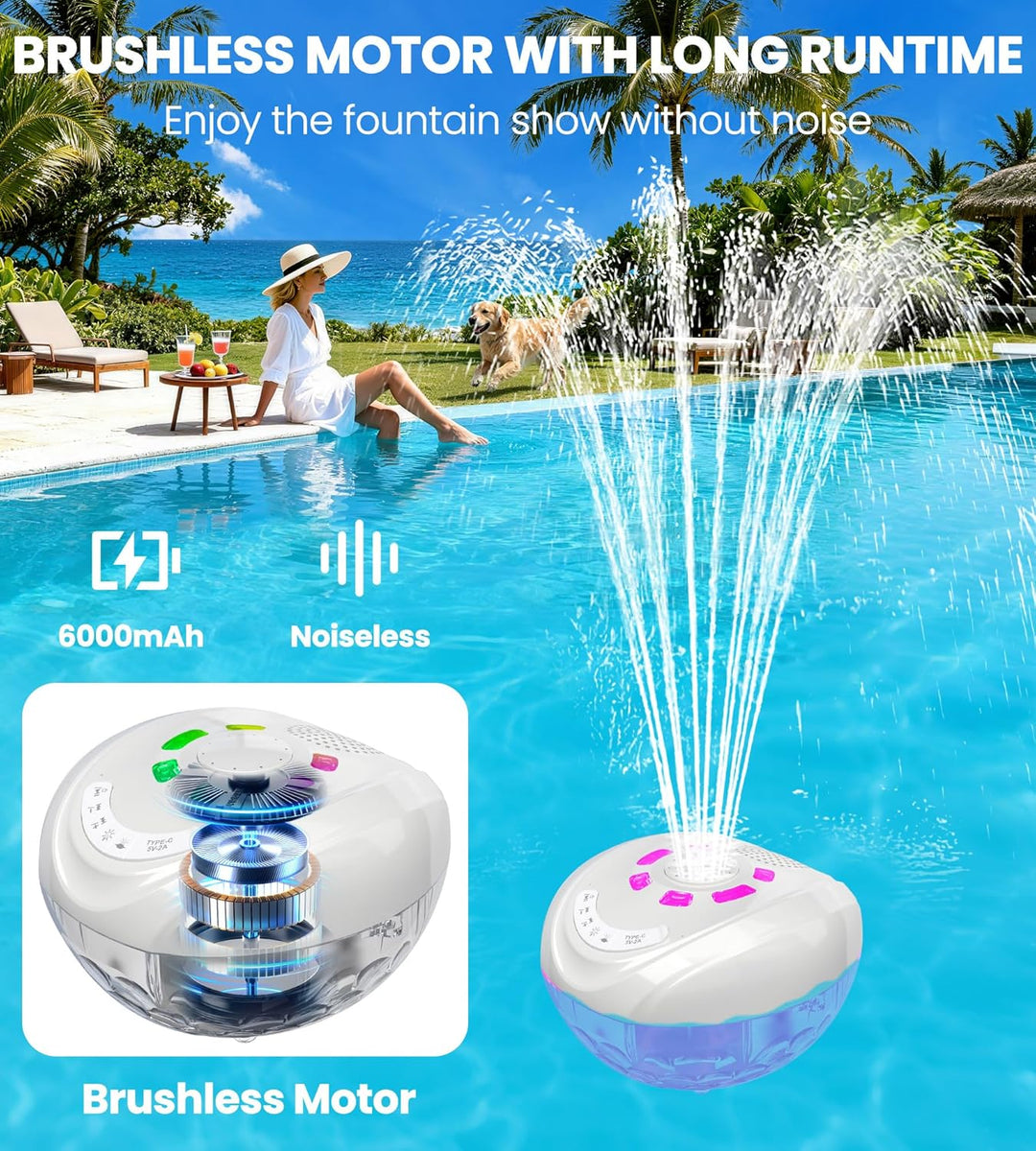 Luxfero 3 in 1 Pool Lautsprecher mit Springbrunnen & Pool Licht,Schwimmender Bluetooth Lautsprecher
