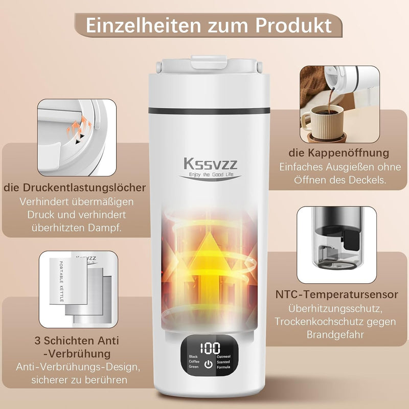 Kssvzz Reisewasserkocher Klein 450ml, Mini Wasserkocher mit 6 Temperatureinstellung, 110~240V 300W T