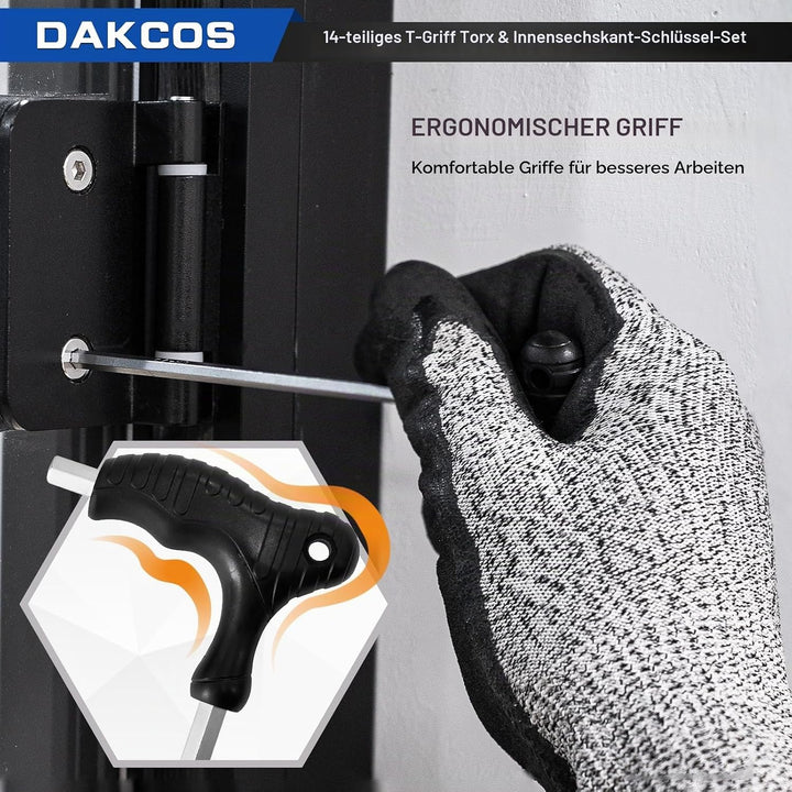 DAKCOS 14 tlg Torx Schlüssel Sechskantschlüssel Set mit T-Griff Innensechskant-Stiftschlüssel Torx-S